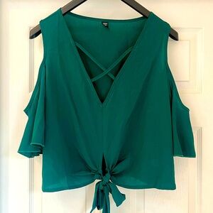 SHEIN Green Cold Shoulder Tie-Front Top